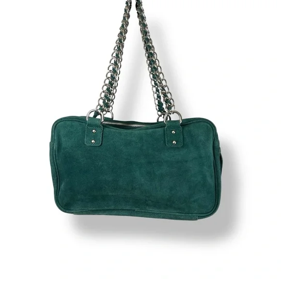 Green Suede Shoulder Bag | Y2K Silver | Soft Suede Leather - Picture 2 of 7